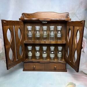 Vintage Wooden Apothecary Spice Rack Cabinet With 10 Glass Spice Jars